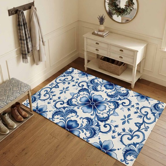 Area Rugs 3'x5', Symmetric Blue Flower Carpet Runner Indoor Outdoor Rugs Home Decor Aesthetic, Vintage Ethnic Floral Leaves Non Slip Mats Washable Accent Rug for Living Room Bedroom