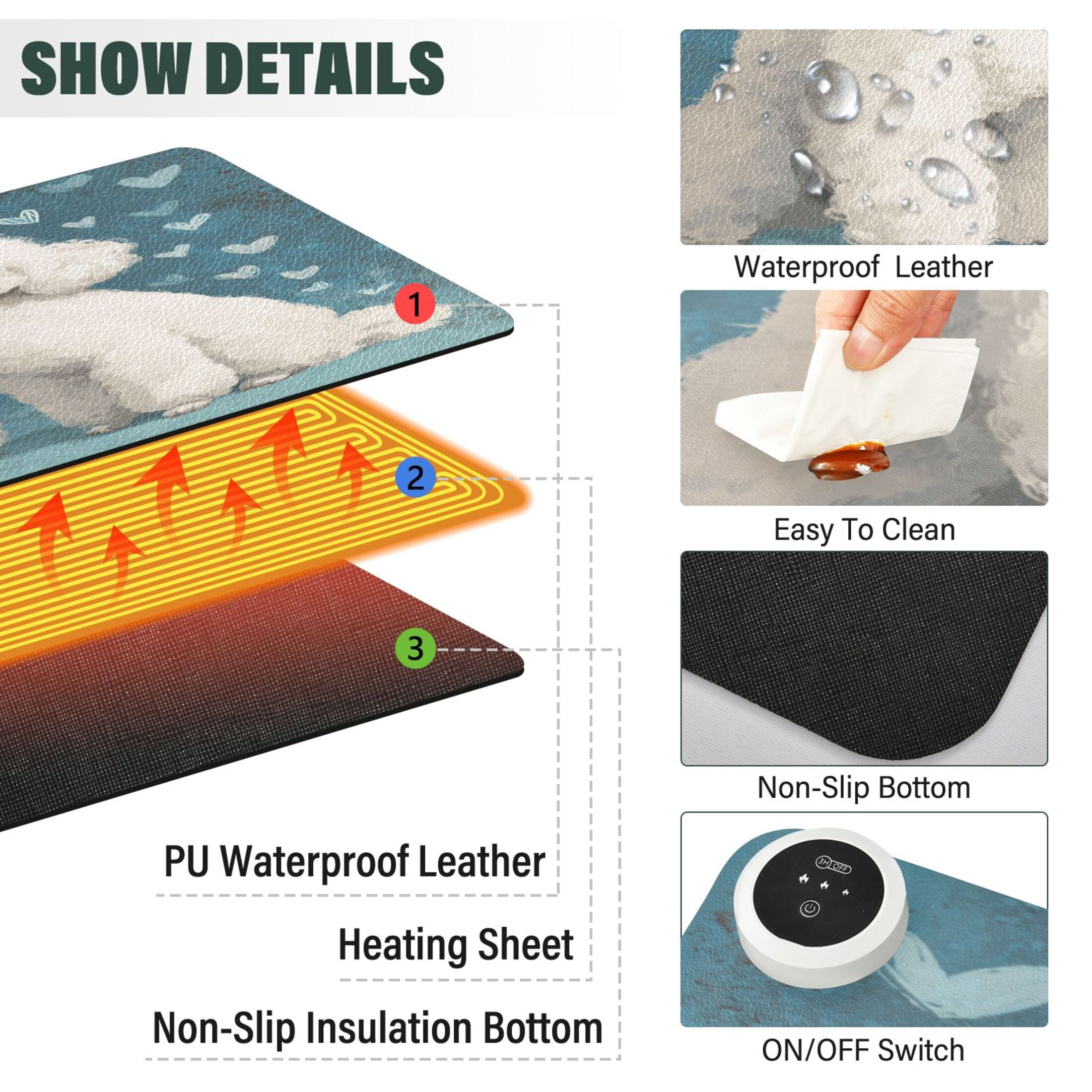 Large Heated Desk Mat Mouse Pad 31.5"x13"PU Leather Graphene Heating Desk Warmer with 3 Temperature Settings 110V US Plug Non-Slip Warm Pad for Home, Office, and Gaming Sweet White Poodle Duo