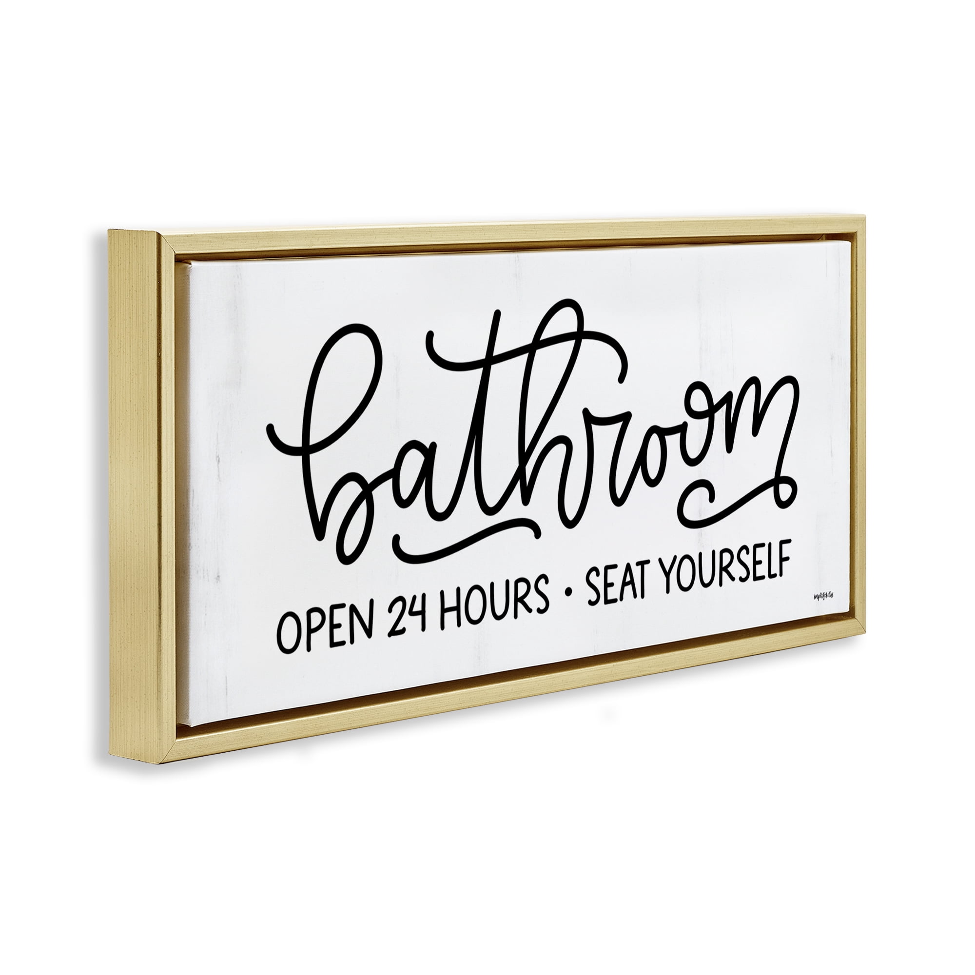 Stupell Industries Bathroom Seat Yourself Bath & Laundry Painting Gold Floater Framed Canvas Art Print Wall Art, 25 x 11