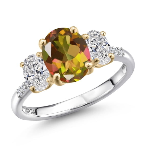 Gem Stone King 925 Silver and 10K Yellow Gold Mango Mystic Topaz and DEF Lab Grown Diamond Engagement Ring for Women | 3.06 Cttw | Oval 9X7MM | November Birthstone | Size 6