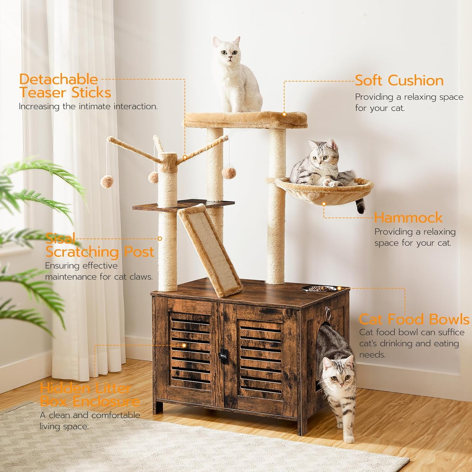 Cat Tree with Litter Box Enclosure, 44" Tall Wooden Cat Tower with Scratching Posts, Cat Hammock, Hidden Litter Box Furniture, All-in-One Indoor Cat Condo, Rustic Brown FG48MZ03