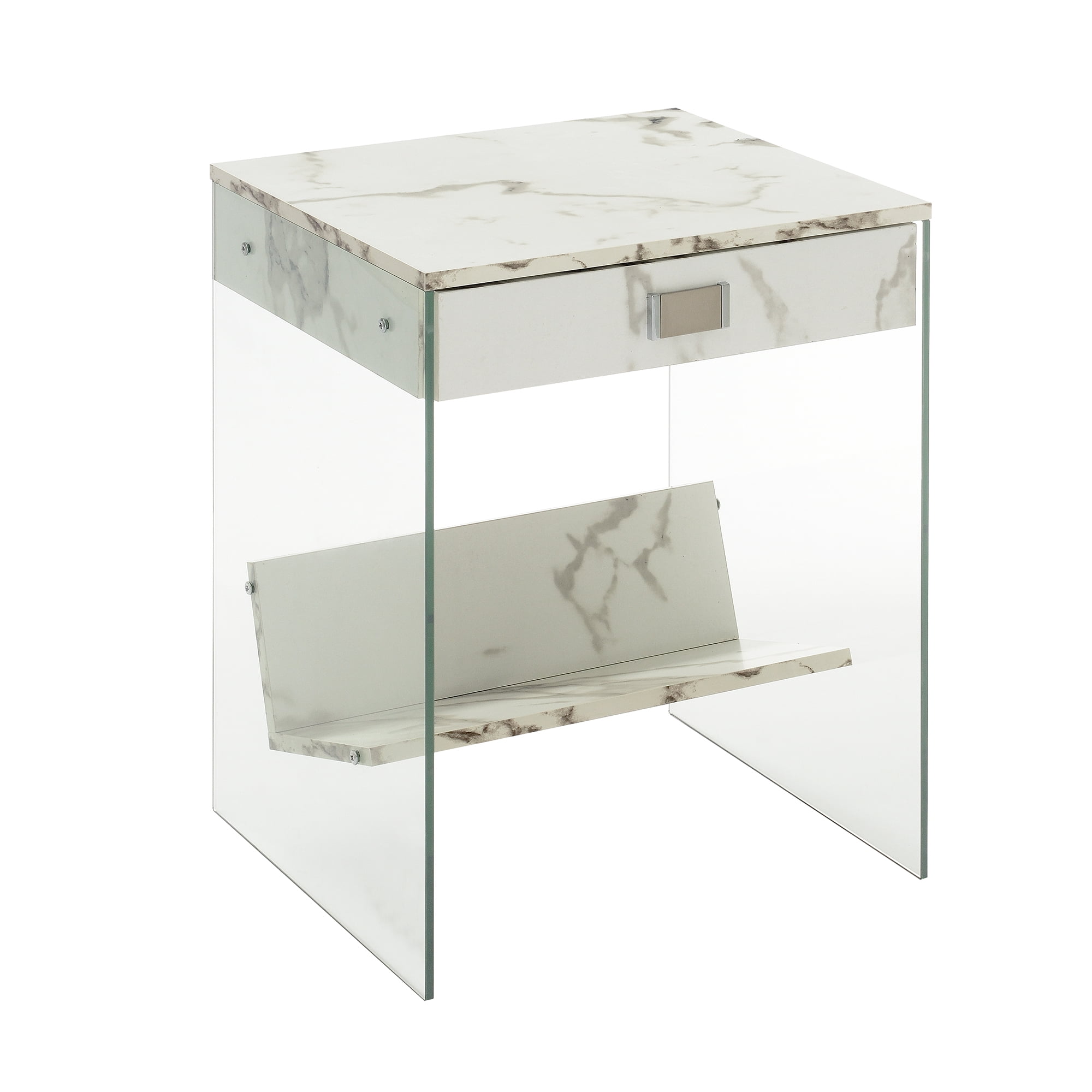 Convenience Concepts SoHo 1 Drawer End Table with Shelf, White Faux Marble