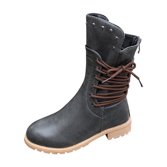 LOVZFMLL Bottes pour Femmes Mi-Mollet Bottes d'Hiver à Lacets Bout Rond Sangles Ajustables Talon Bas Épais Décontractées Mode Automne Chaussures