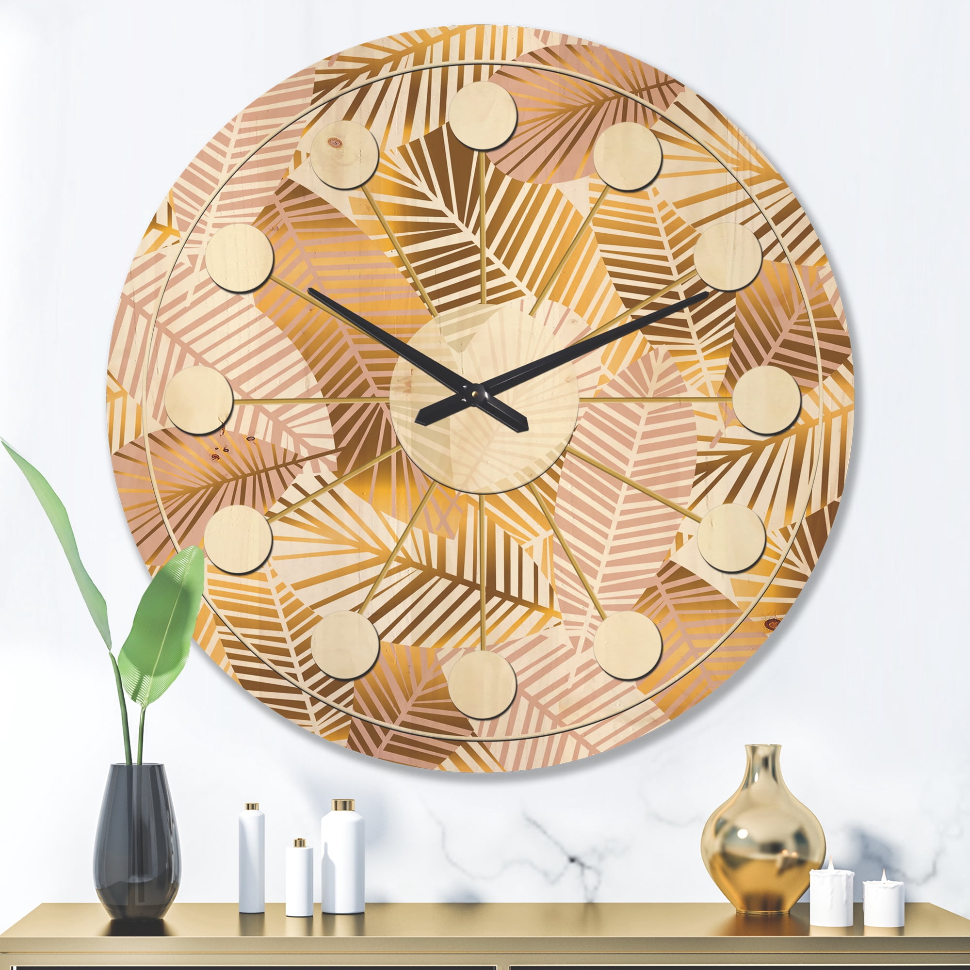 Designart 'Palm Golden Leaves II' Mid-Century Modern Wood Wall Clock