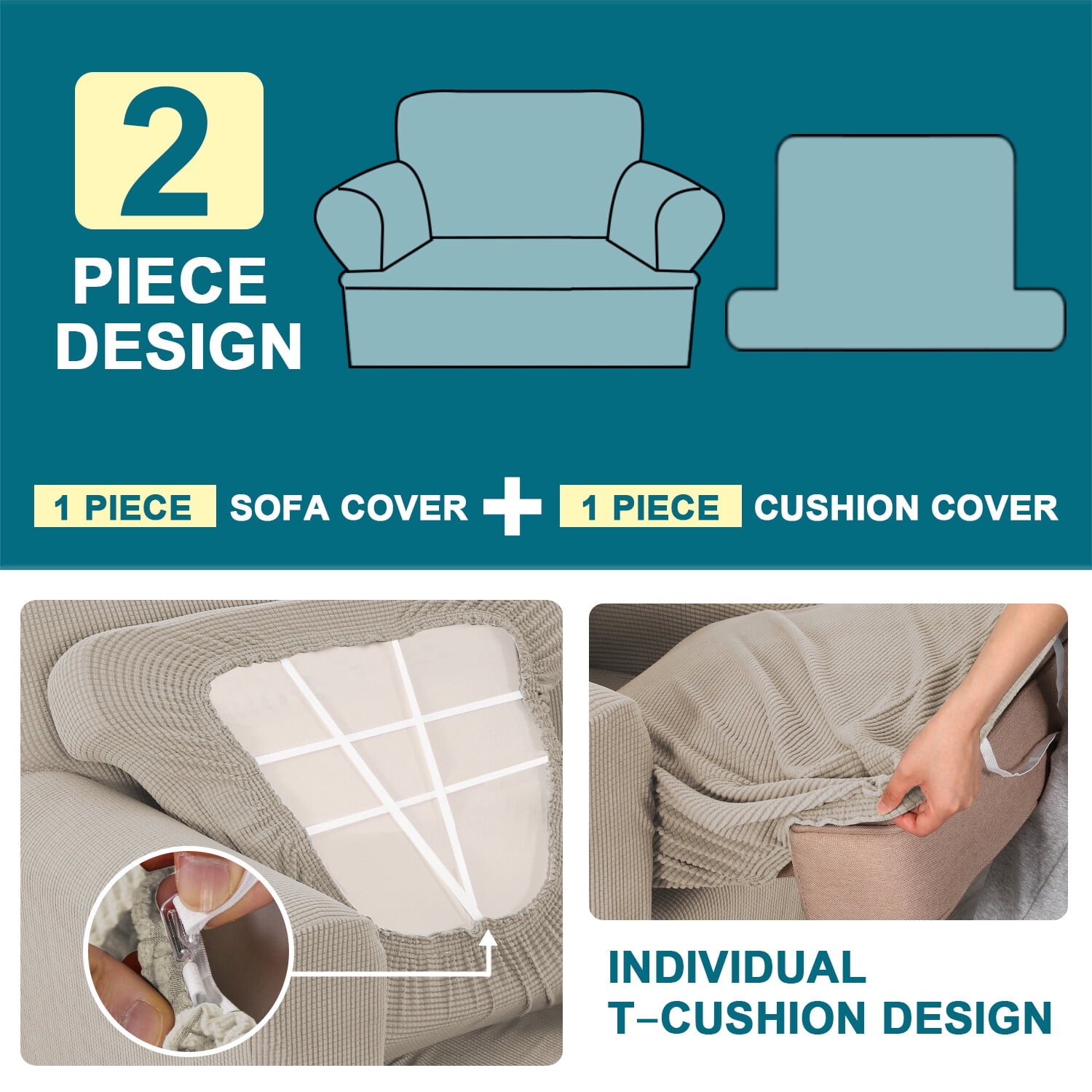 H.VERSAILTEX 2 Pieces Checkerboard Slipcovers Stretch with Individual T Cushion Cover for Living Room(1 Cushion Armchair, Island Fossi)