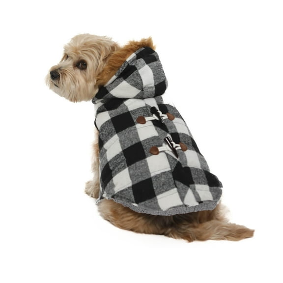 Vibrant Life Dog Clothes: Black & White Buffalo Plaid Peacoat, S