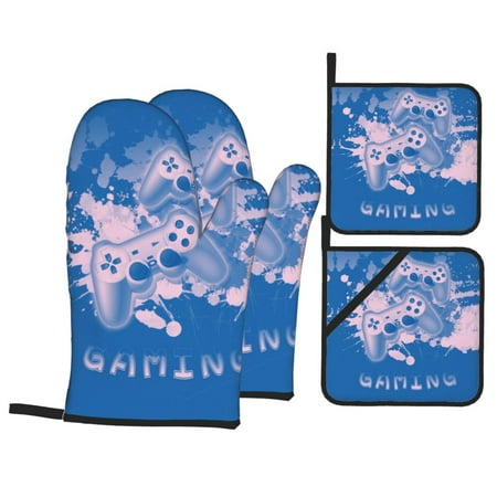

PUREYAH Oven Mitts And Pot Holders Sets Kitchen Game Elements Handle Retro Blue Pattern Oven Gloves Hot Pads Heat Resistant 4 Pieces