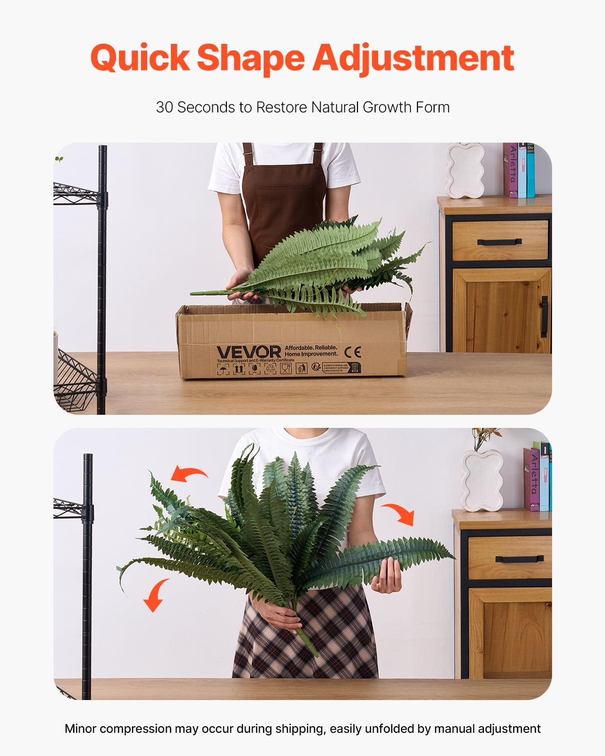 VEVOR Artificial Ferns 2 Pcs, Natural Spread Diameter 43-47 Inch, Large Hanging Artificial Boston Ferns, Fake Plant Wall Decor with 50 Branches, Faux Fern for Home and Office (Flowerpot Unincluded)