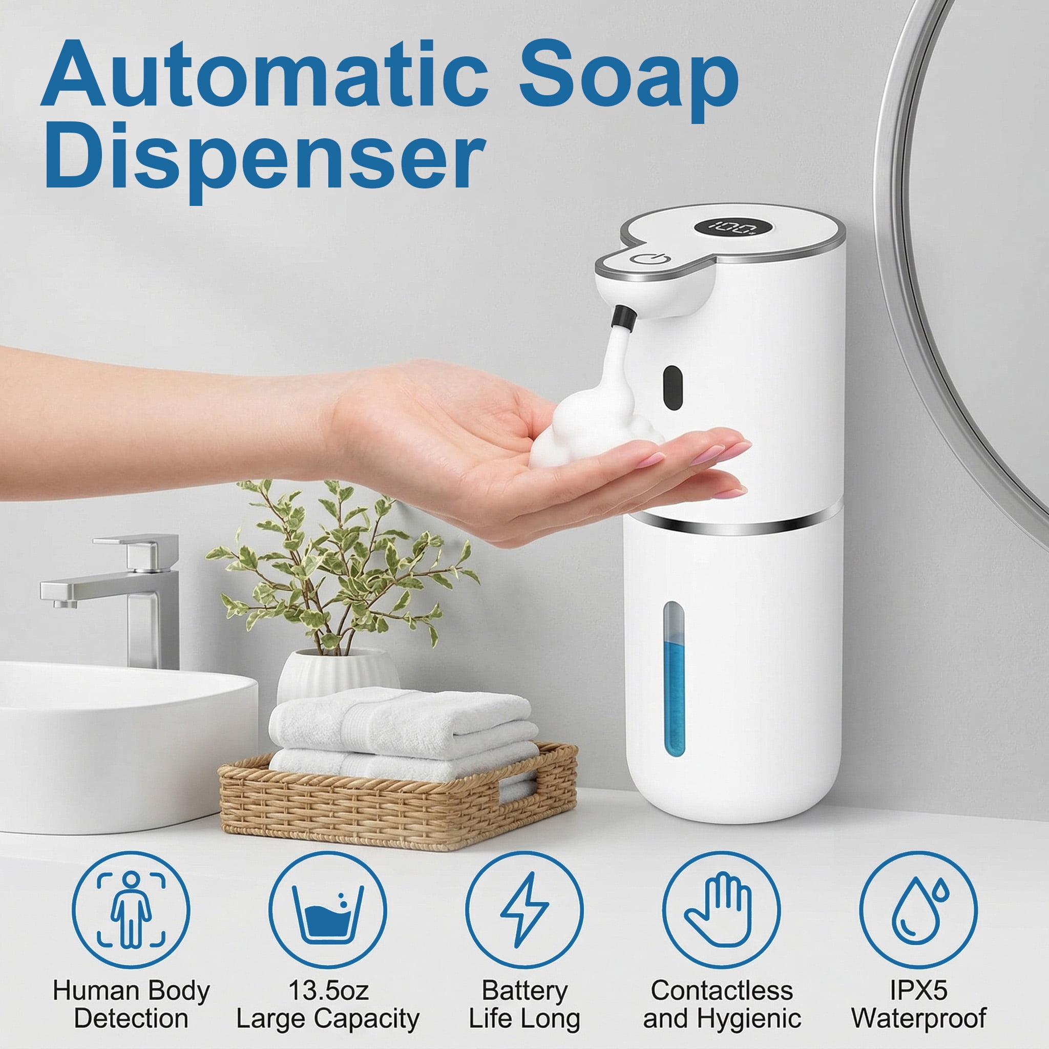 KOYMISKU Automatic Soap Dispenser, 13.5oz/400mL Touchless Wall Mounted USB Rechargeable, 6-Level Adjustable Smart Hand Soap Dispenser for Bathroom Kitchen