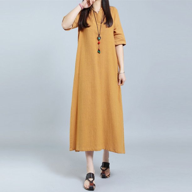 Vestido largo para mujer, vestido suelto de media manga con cuello en V Romacci Amarillo L