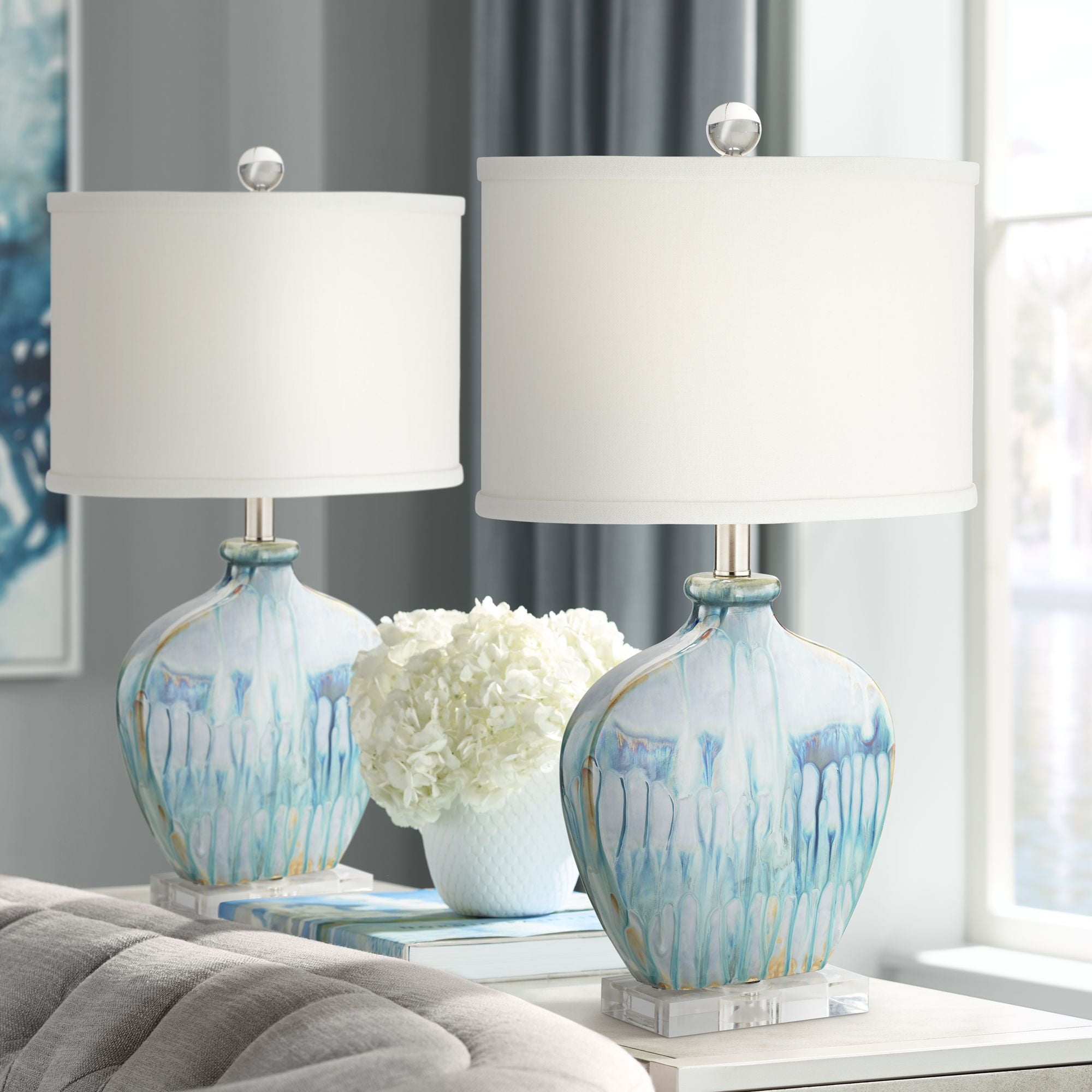 Possini Euro Design Coastal Table Lamps Set of 2 Ceramic Blue Drip Off ...