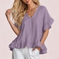 thumbnail image 5 of ClodeEU Women's V Neck Short Sleeve Blouse with Ruffle Hem, Casual Loose Fit Flowy Top Purple,Women's Plus L, 5 of 6