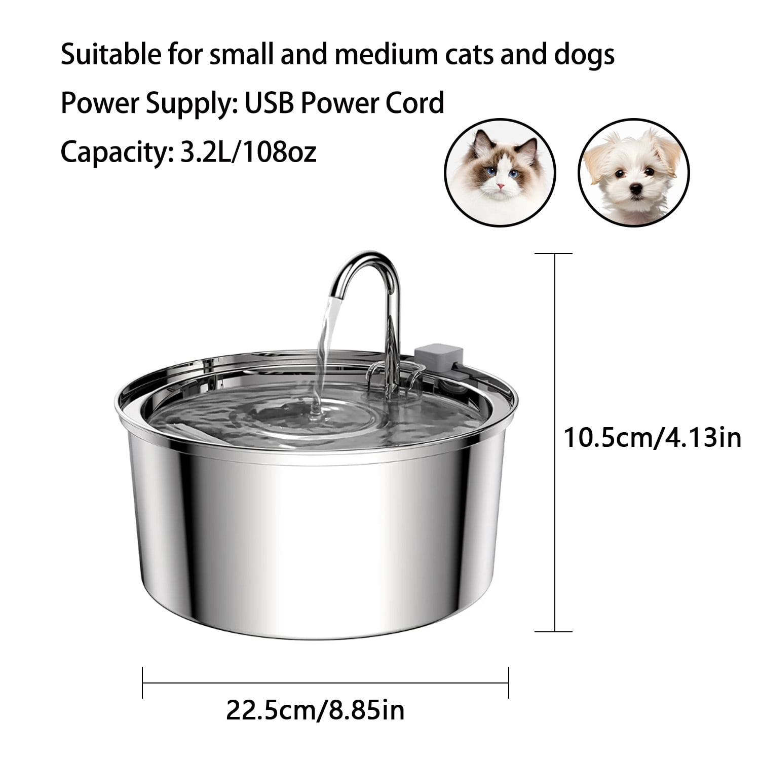Petavista 3.2L/108oz Stainless Steel Cat Water fountain with Slient pump Suitable for cats and dogs