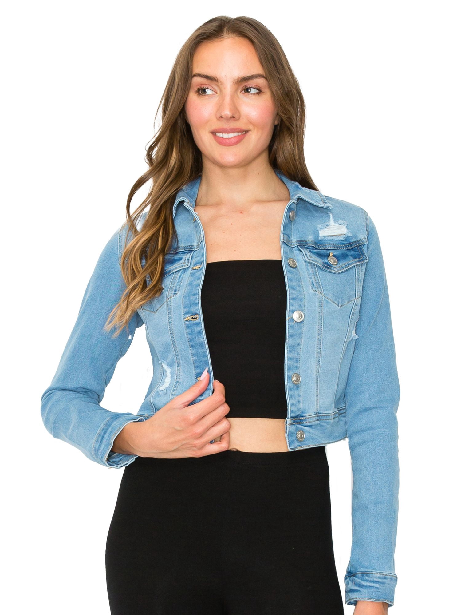 FashionMille Women's Frayed Hem Denim Jacket - Long Sleeve Button Up, Stretch Comfort Fit, Casual Jean Jacket - View #5
