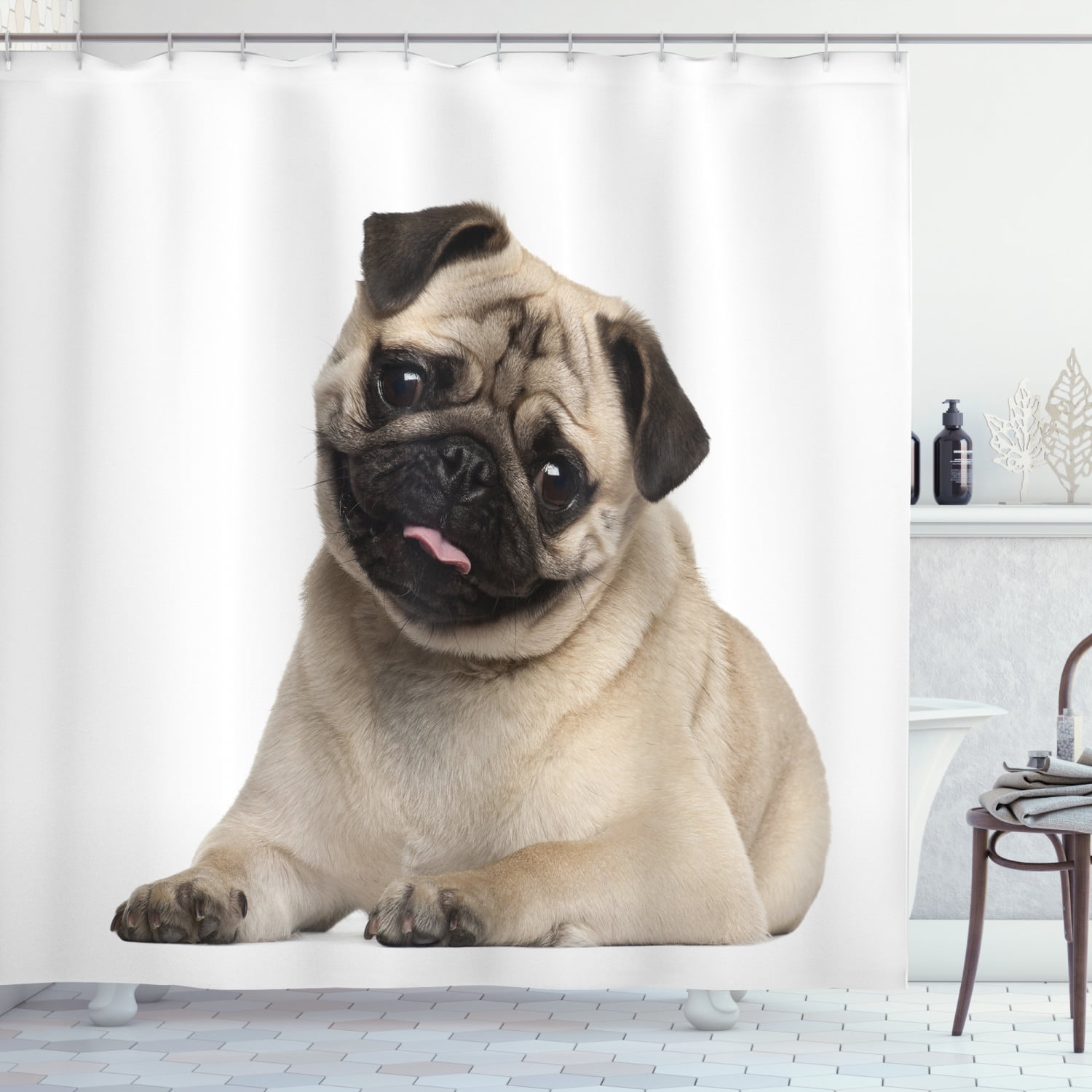 Pug Puppy Shower Curtain Fabric Bathroom Decor Set with Hooks 4 Sizes 