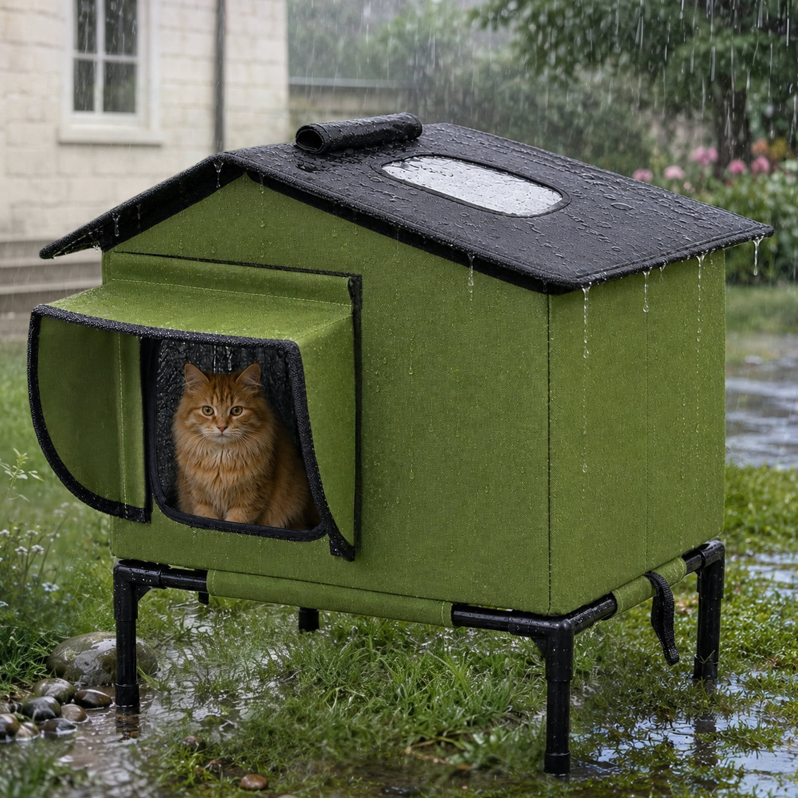 DOMIPET Outdoor Cat House Weatherproof, Cats House for Outside Cats with Safe Escape Door, Cat Shelter for Multiple Cats Small Animals, Elevated Outside Stray Cats Shelter