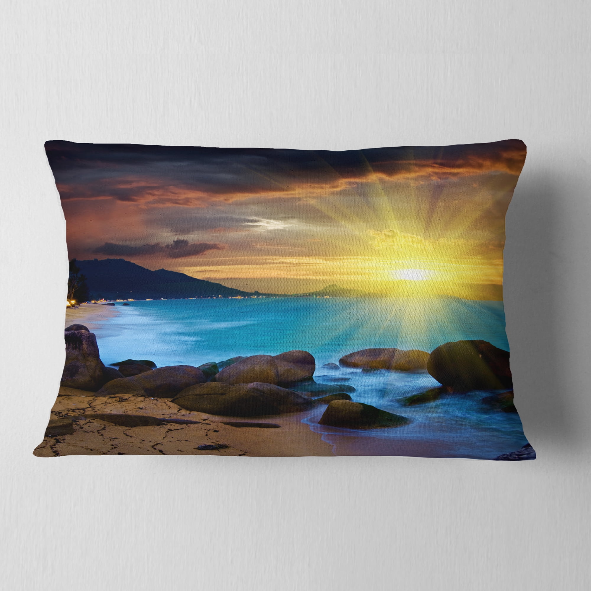 Designart Bright Yellow Sun over Blue Waters - Modern Beach Throw Pillow - 12x20