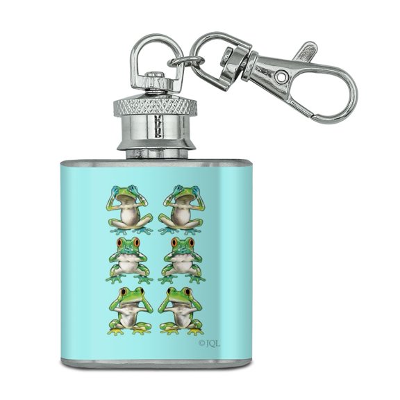 See No Evil Hear Speak Tropical Rainforest Frogs Stainless Steel 1oz Mini Flask Key Chain