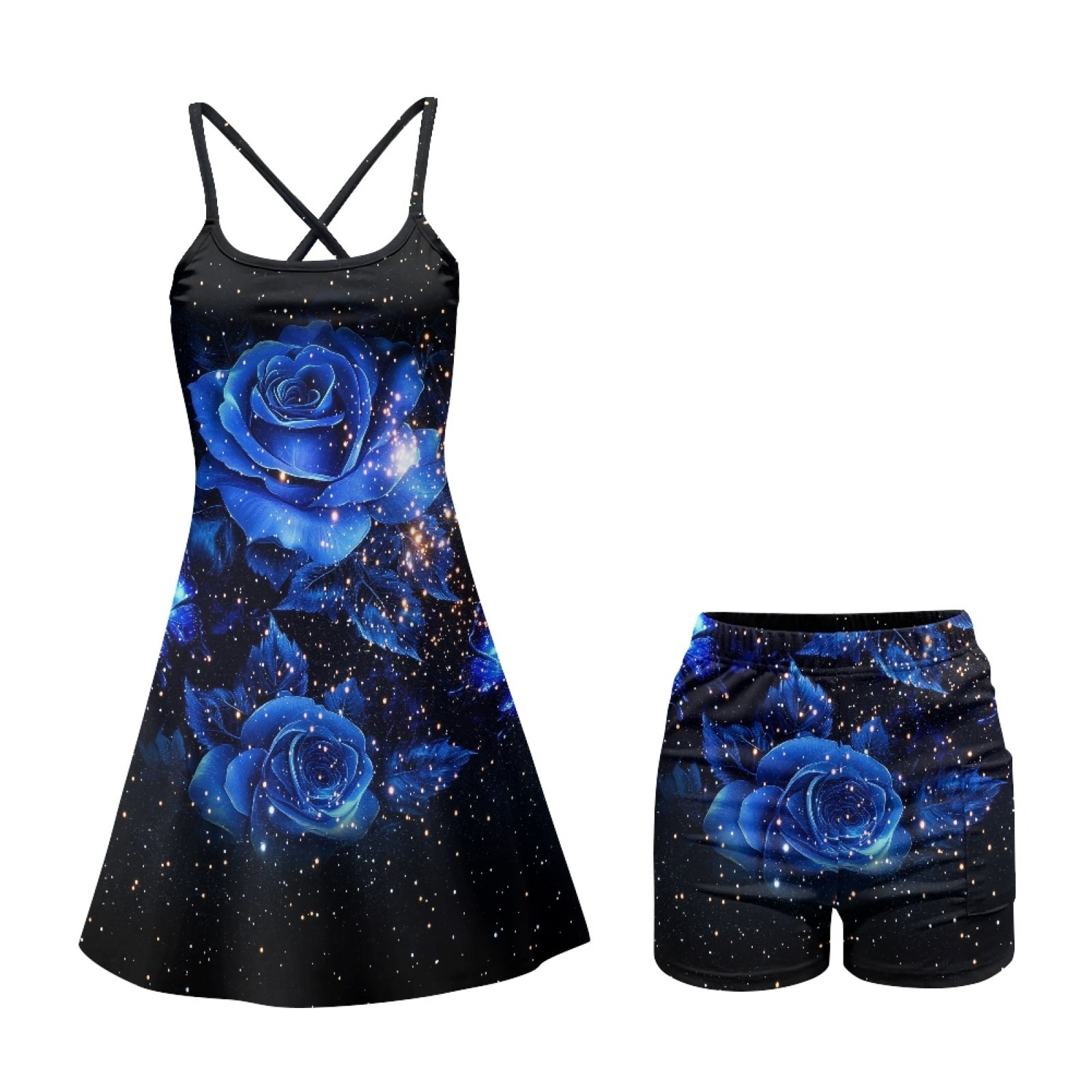 Yuyamidu Blue Rose Womens Tennis Dress Built in Shorts with Pockets 2 Piece Sets Butterfly Athletic Golf Dresses Comfy Active Workout Dress Size M