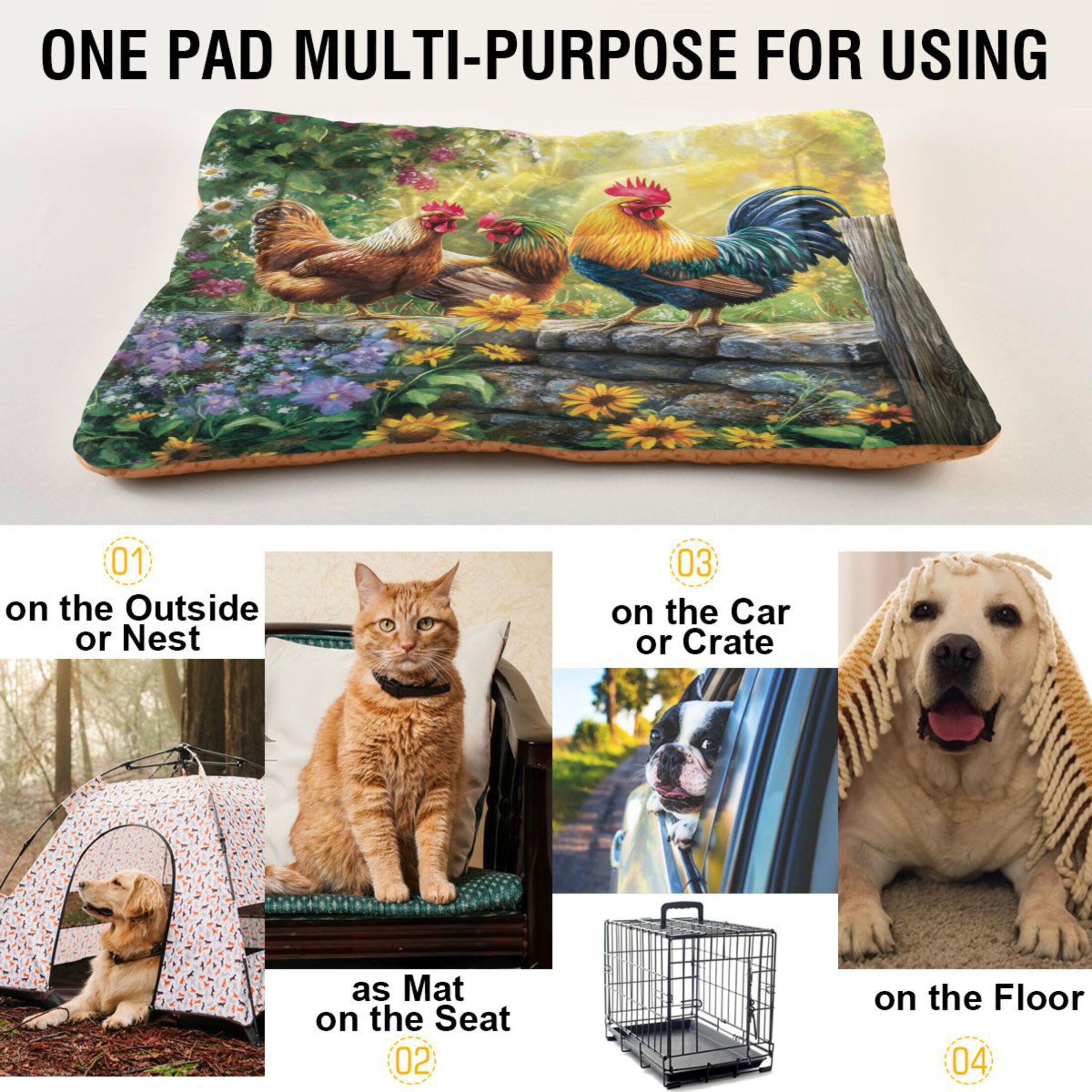 Qxltty Beautiful Rooster Ped Pad Wear-resistant and Hard to Bite Through Sleeping Pad for Small Medium Large Dogs Winter Pet Bed 36×24in