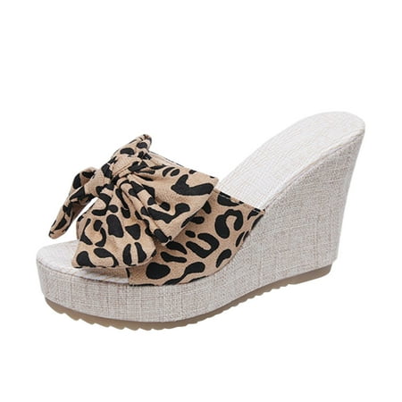 

ASEIDFNSA Womens Business Casual Shoes Comfortable Acorns Womens Slippers Ladies Fashion Suede Leopard Pattern Bow Open Toe Wedge Heel Thick Soled Casual Slippers