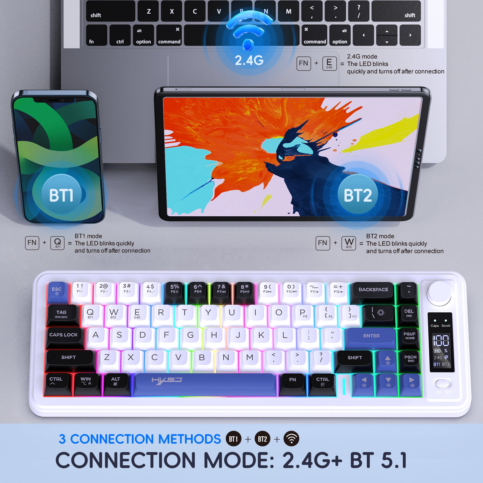 2.4G+Dual Bluetooth Keyboard 68 Keys with Multifunctional Display,Long Battery Life.Wireless Gaming Keyboard for PC/Tablet/Phone