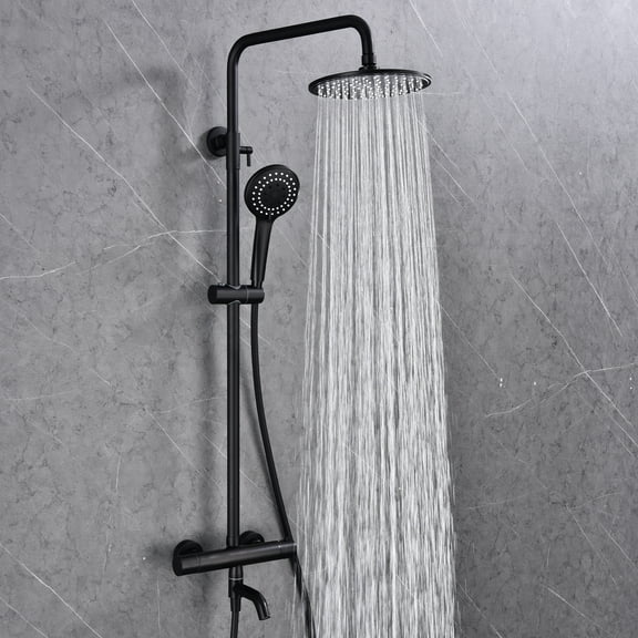 Dawot 3-Function Thermostatic Shower Faucet Set, 8" Round Head Shower, Exposed Pipe Wall Mount with Constant Temperature, Matte Black with Height Adjustable Slide Bar ABS Handheld Sprayer