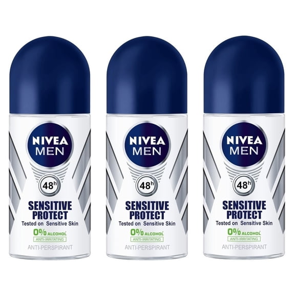 Pack of 3 Bottles Nivea SENSITIVE PROTECT Men's Roll On Anti-perspirant Deodorant Pack of 3 Bottles, 1.7oz / 50ml Each Bottle