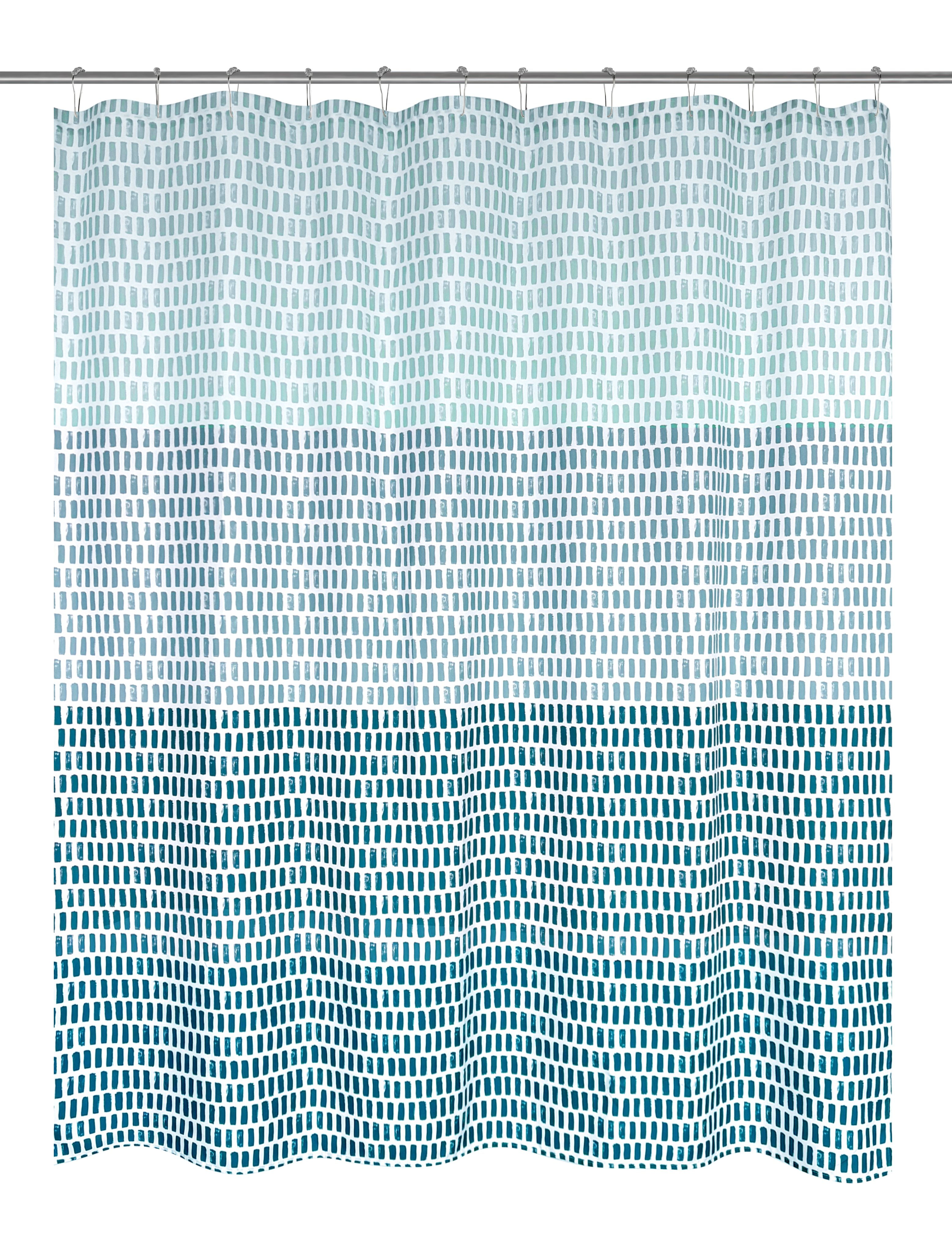 Mainstays 16-Piece Ombre Stripe Shower Curtain Bathroom Set – Blue Fabric Curtain with Rug, Hooks, Soap Dispenser & Tray