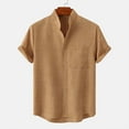 thumbnail image 2 of Amtdh Men's Trendy Base Shirt Short Sleeve Tees Casual Fashion Blouse Vintage Fashion Summer Clothing Buttton Stand Collar Shirts Cotton Linen Solid Tops Brown L, 2 of 7