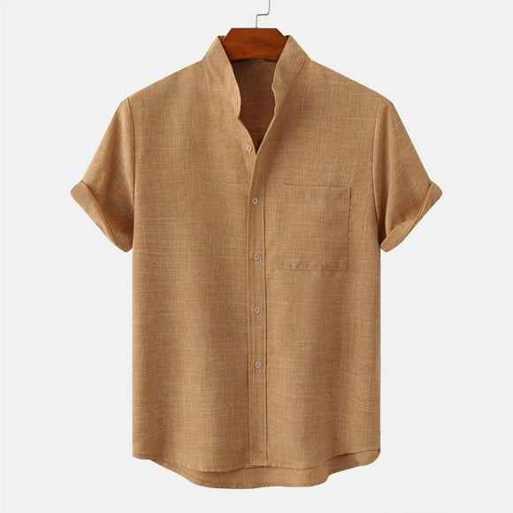 RXIRUCGD Men's Shirts Round Neck Pocket Button Solid Cotton Linen Short Sleeve Shirt Hommes