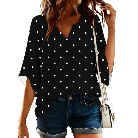 ClodeEU Women's Polka Dot Print V Neck 3/4 Sleeve Top ,Bohemian Casual T-Shirt Blouse Black,Womens Plus L