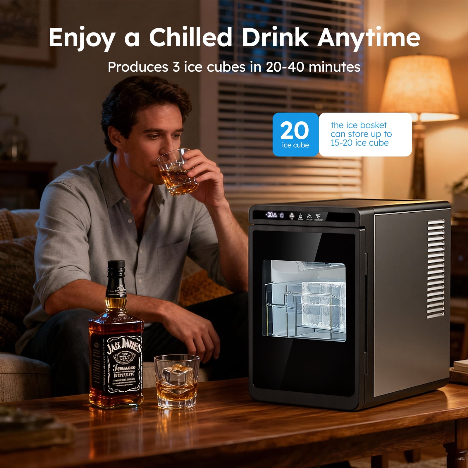 Joreek Ice Maker Countertop Portable, 3 Pcs in 25 Mins, 150 Per Day, 1.6" Square Ice Machine with Self-Cleaning for Whiskey, Cocktail, Home Bar, Stainless Steel