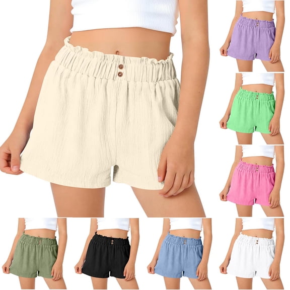 Auroural Girls Shorts Size 12-14 Middle School Children's Solid Color Girl Casual Lazy Style A-Line Wide Leg Flower Elastic High Waisted Shorts