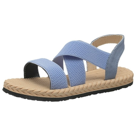 

PEASKJP Ladies Sandals Women s Lace-up Flat Sandals Strappy Open Toe Slingback CrissCross Casual Summer Slides (Blue 8.5)