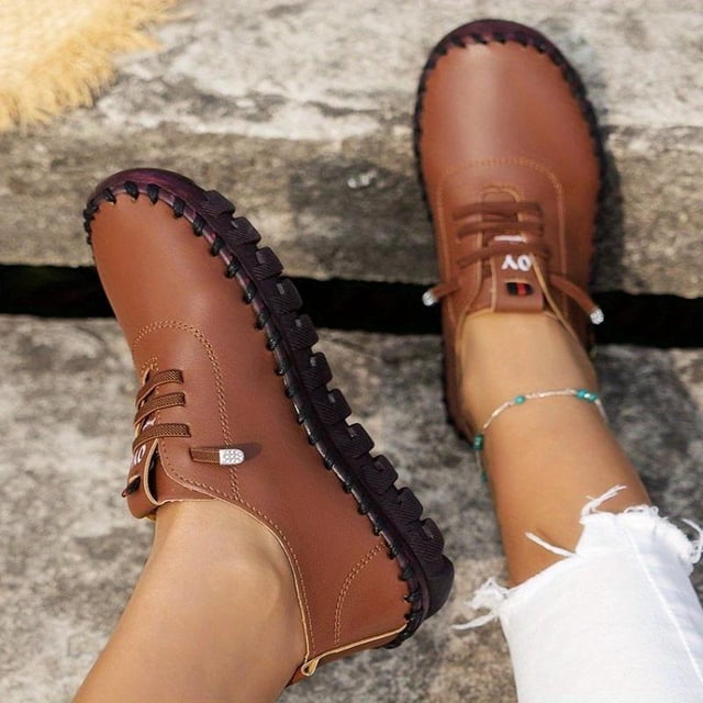 Zapatillas Planas Hechas A Mano Para Mujer, Zapatos De Piel Sintética Con Punta Redonda Y Cordones De Color Sólido, Zapatos Casuales Para Caminar