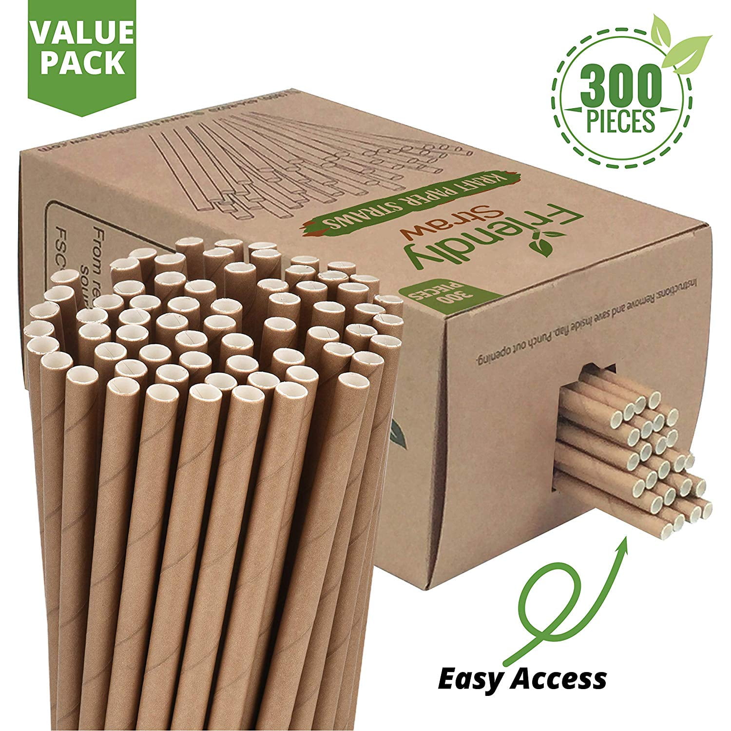 300 Pack Biodegradable Kraft Paper Straws, FDA and FSC Certified 7.75' x .25' Drinking Paper