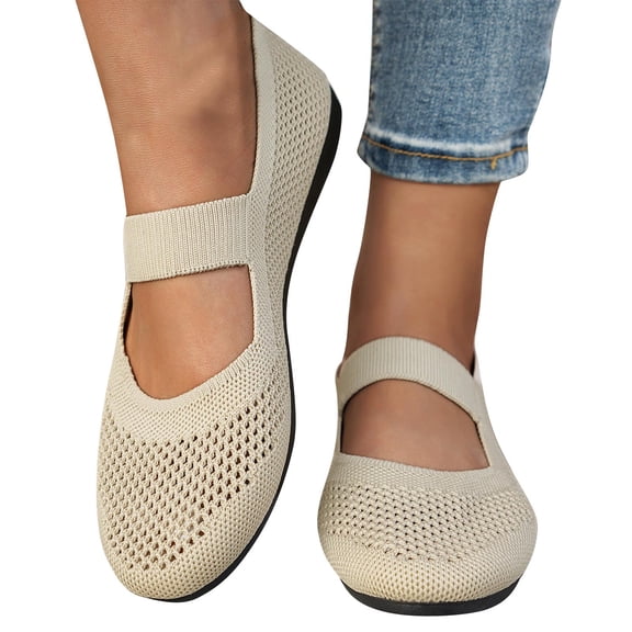 Gealkoca Women's Mary Jane Flats Elastic Straps Ballet Breathable Shoes Slip On for Work Weddings Travel Casual Round Toe Work Knitted Shoes