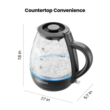 Chefman 1L Electric Glass Kettle w/ LED Indicator Light, Automatic Shutoff - Black, New