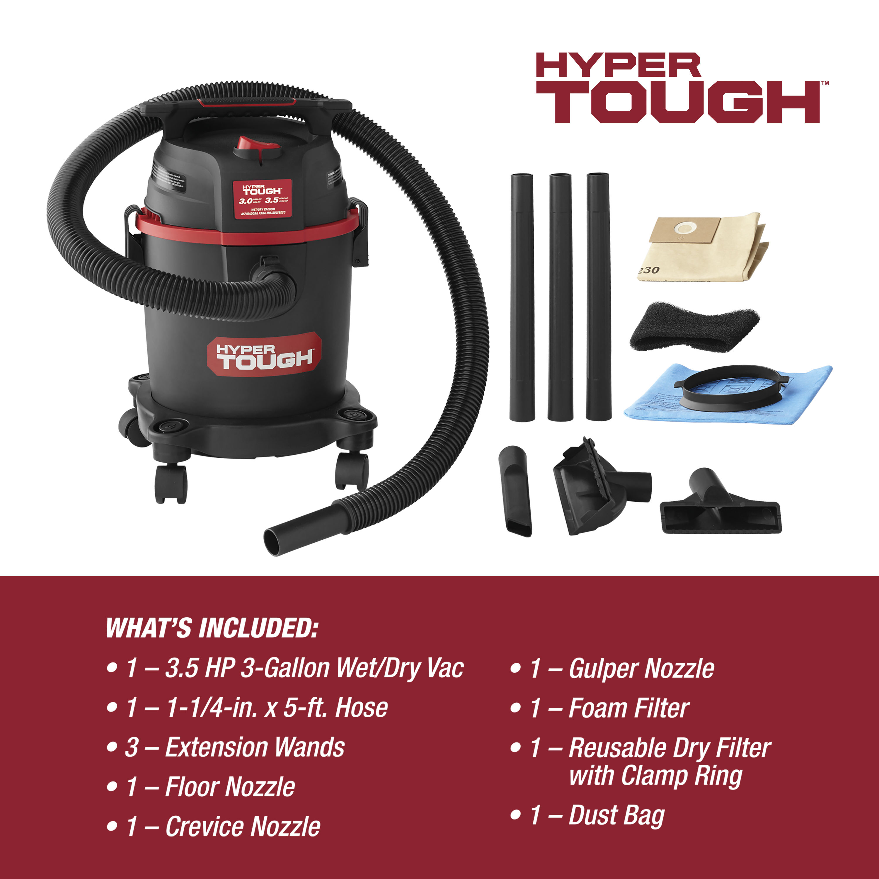 Hyper Tough 3 Gallon 3.5 HP Poly Wet/Dry Vacuum photo 3