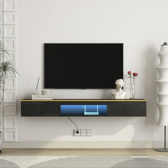 Aukfa Floating TV Stand Wall Mounted for TVs up to 75" with LED Light APP Control & Power Outlet,Black