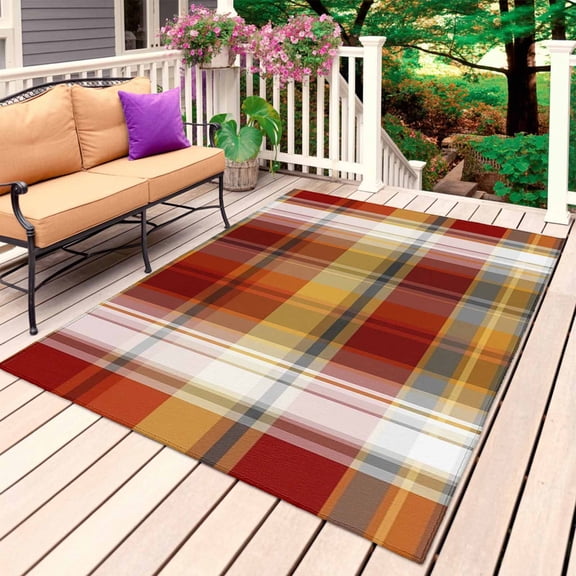 Tartan Plaid Outdoor Rug 5x7 Ft, Non Slip Washable Area Rug, Orange Red Autumn Gingham Vintage Check Patio Rugs Carpet Runner, Large Floor Mat for Indoor/Outdoor Deck Porch Camping