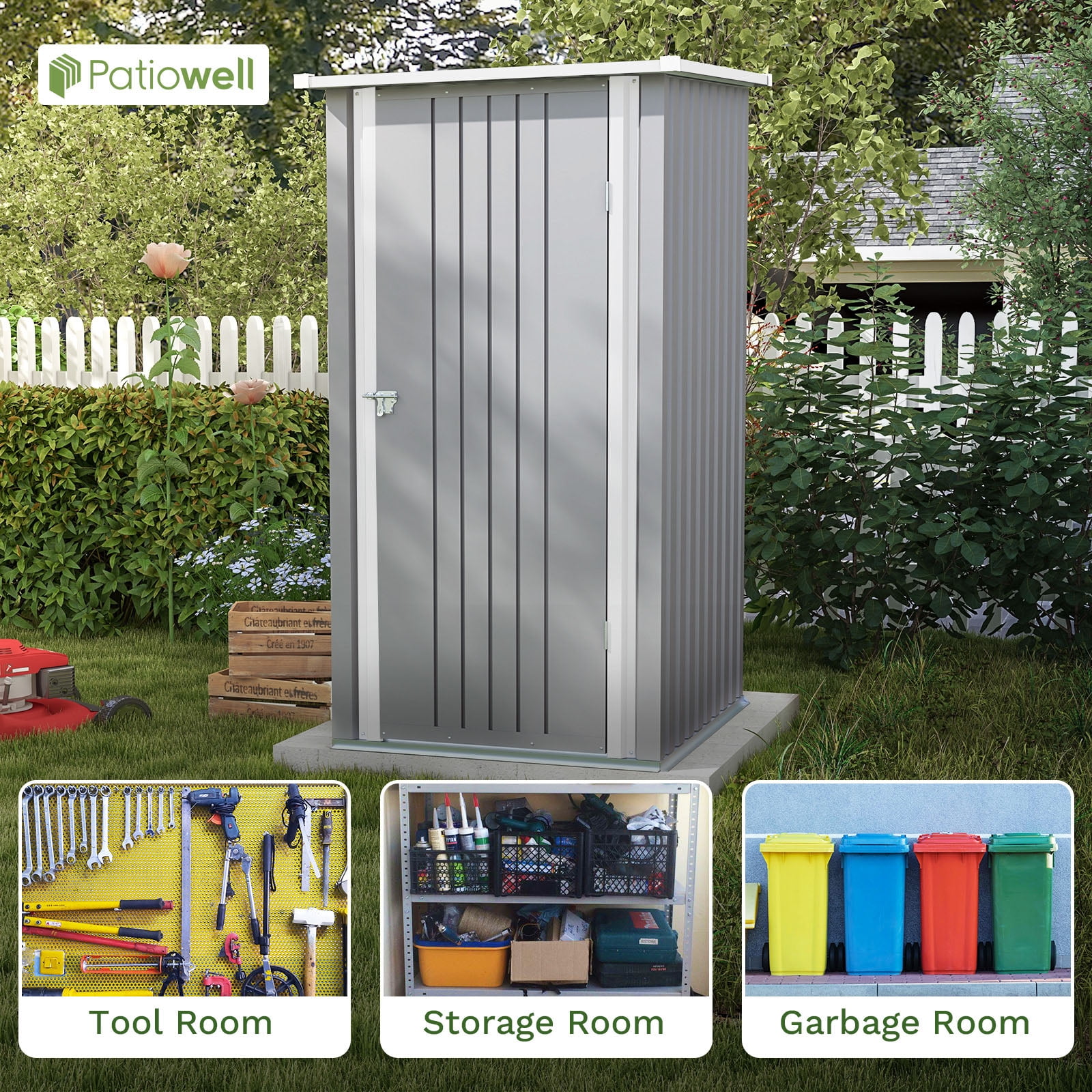 Patiowell 3 x 3 ft Metal Outdoor Storage Shed, Small Garden Tool Storage Shed with Sloping Roof and Single Lockable Door for Backyard Garden Patio Lawn, Gray