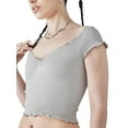 thumbnail image 3 of Biekopu Women Short Sleeve Crop Tops Solid Color Rib Knit V-Neck Summer Slim Fit Shirts Streetwear, 3 of 6