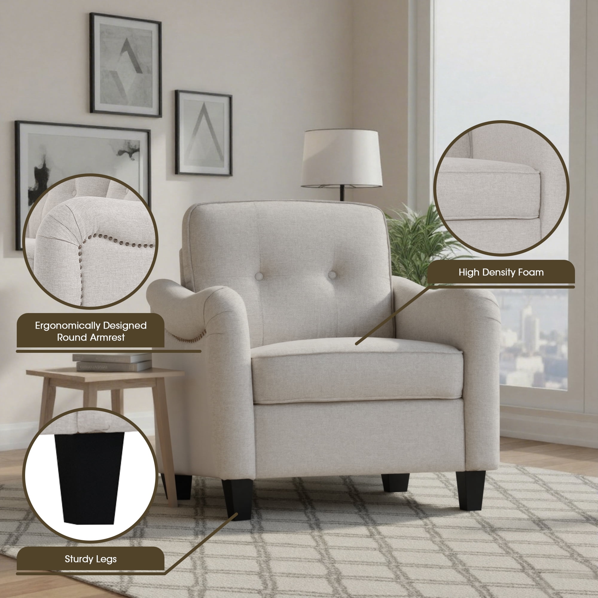 Aukfa 3 Piece Sectional Sofa Set for Living Room, Upholstered Modular Couch with 3-Seat Sofa, Loveseat & Accent Chair, Comfortable Furniture Set for Home/Apartment, Beige