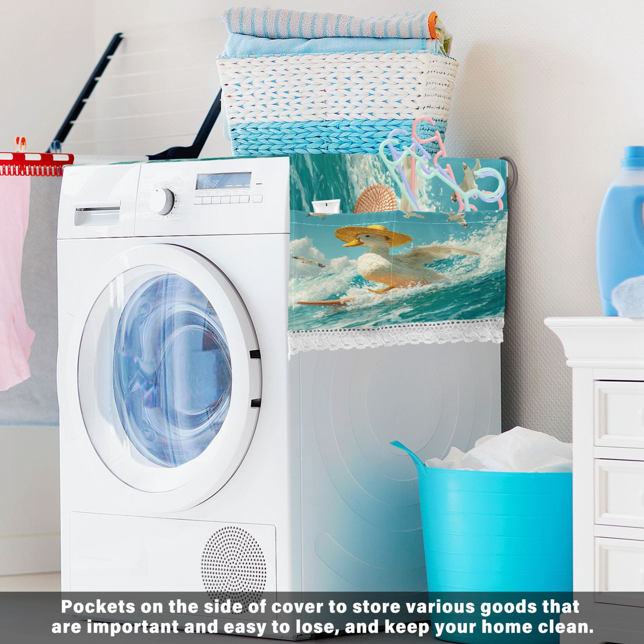 Washing Machine Cover 51.2x22in, Durable Polyester Dust Cover with Lace Trim and Side Pocket for Appliances White Duck