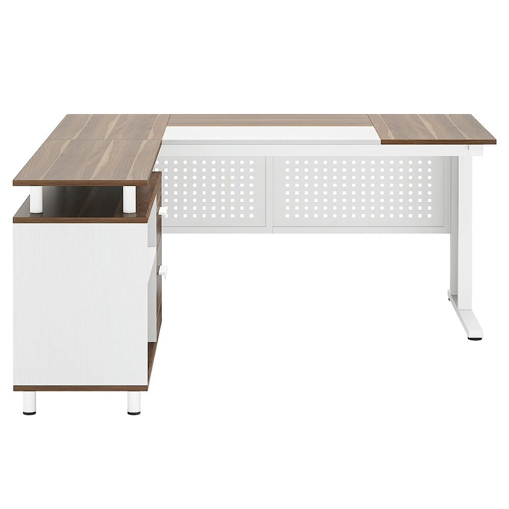 Barara King Home Office Desk, Computer Desk,Industrial L-Shaped Desk, 63" Computer Executive Desk with File Cabinet,Brown & White