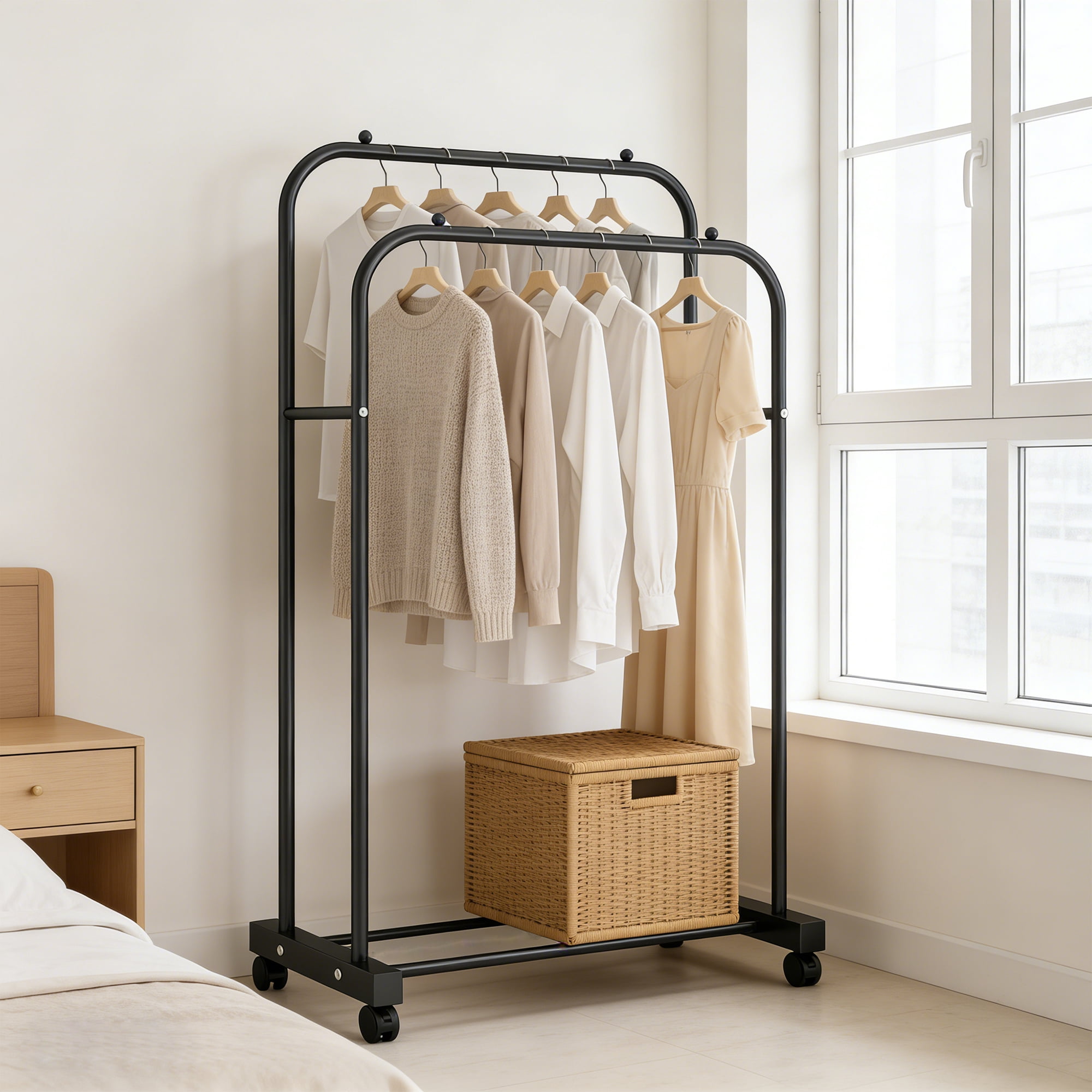 GARITIN Clothes Rack, Garment Rack, Rolling Heavy Duty Double Rod Clothing Rack with Wheels, Portable Closet Rack for Hanging Clothes for Bedroom, Laundry, Entryway, Black