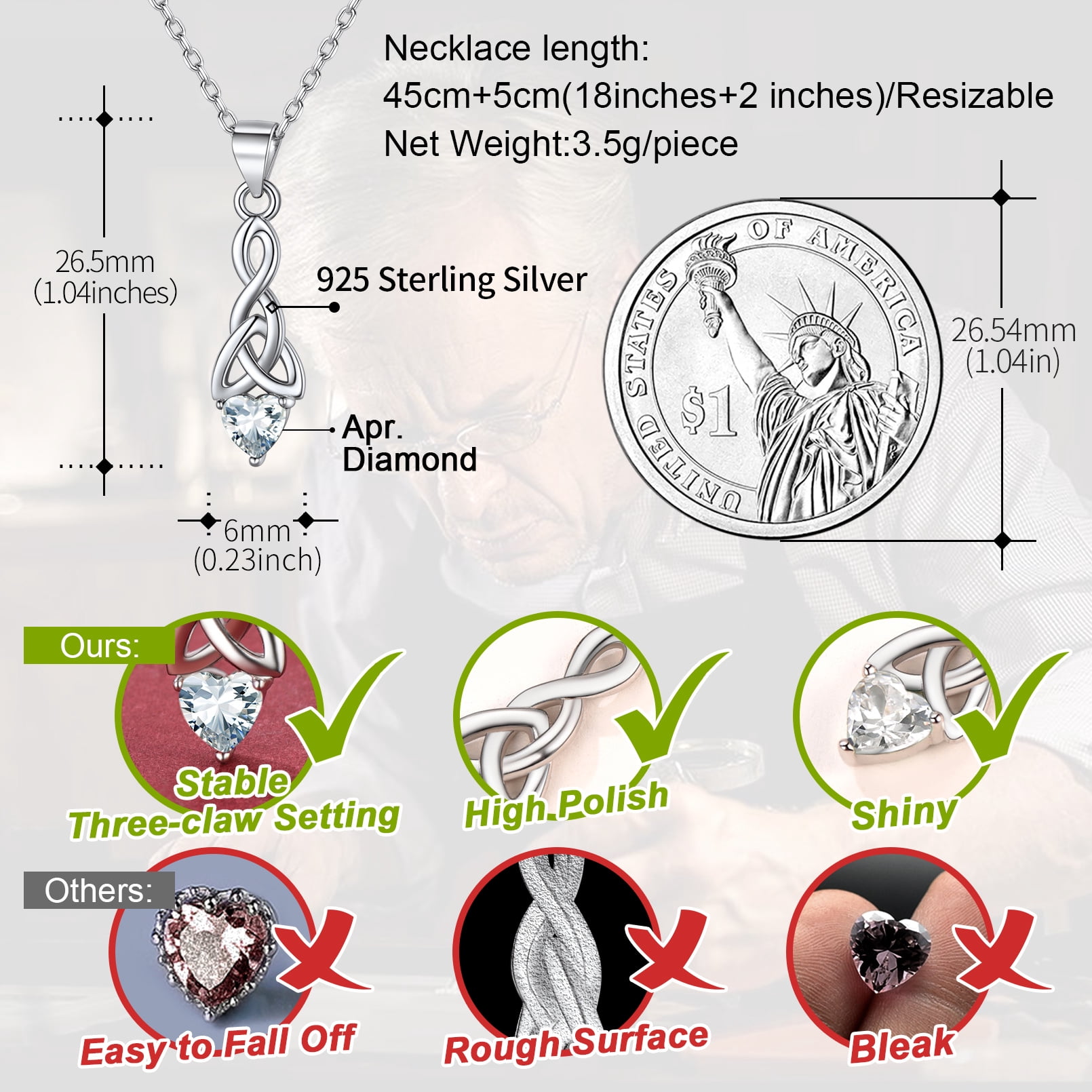 FaithHeart April Birthstone Heart Necklace for Women Celtic Knot Pendant Necklace 925 Sterling Silver Sister Friend Christmas Birthday Jewelry Gift