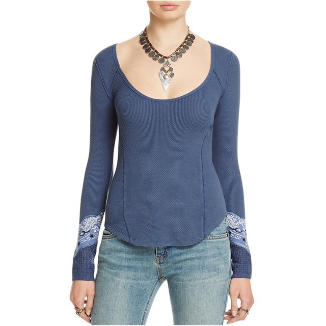 Free People - Camiseta térmica con adornos de bandana para mujer, azul, grande Free People Camiseta adornada